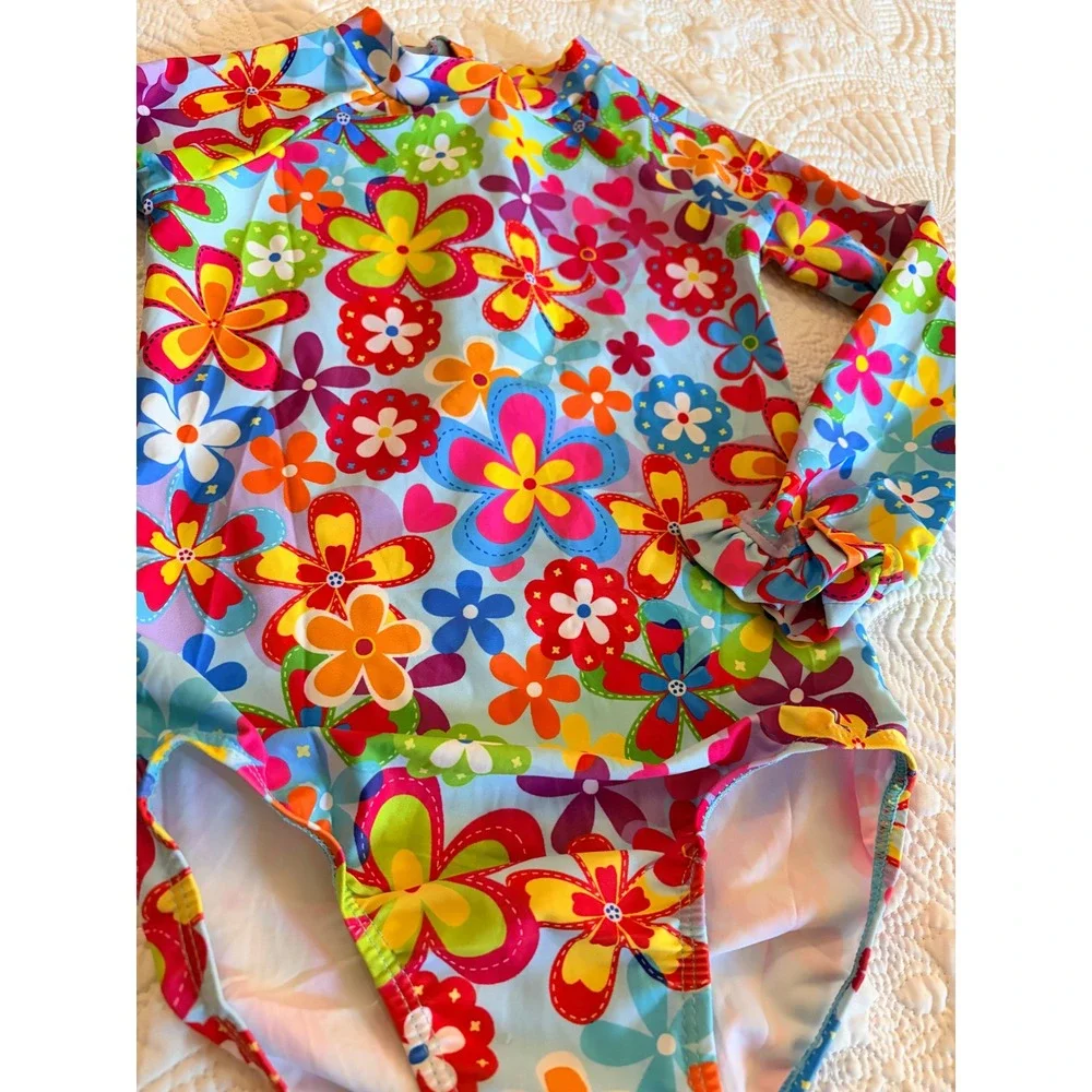 NWOT Little Girl Long Sleeve Colorful Vibrant Floral One-Piece Swimsuit Size 6/7